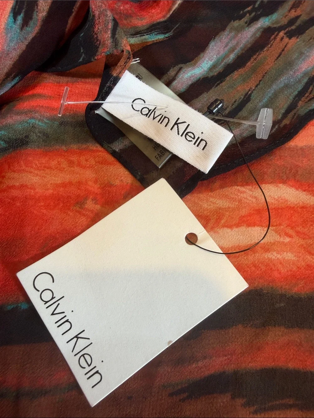 Calvin Klein Orange Red Black Striped Abstract Silk Scarf 354